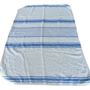 LinenMe 100% European Flax Linen Bath Towel Large Blue Cream Stripes 37x54 GUC